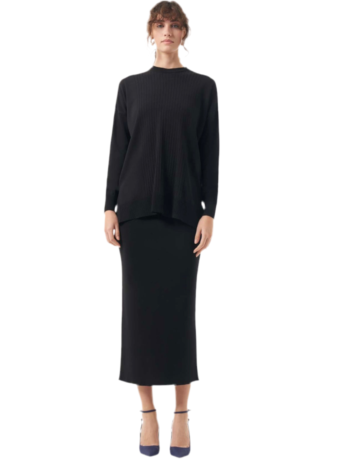 1303 Üzeri Çizgi Detaylı Siyah Etekli Takım