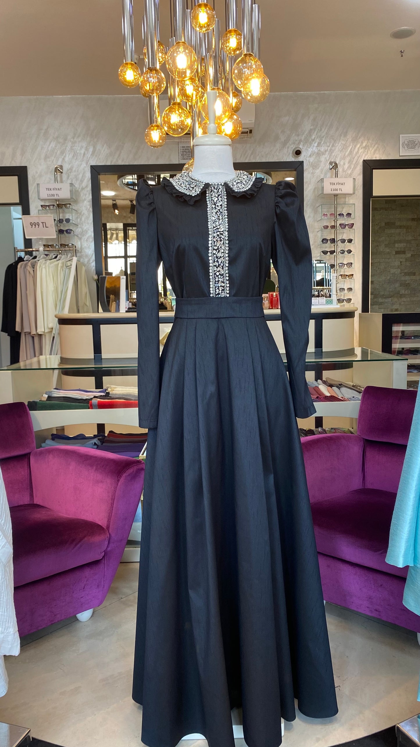 3001 Şantuk Kumaş Bebe Yaka Elbise Siyah