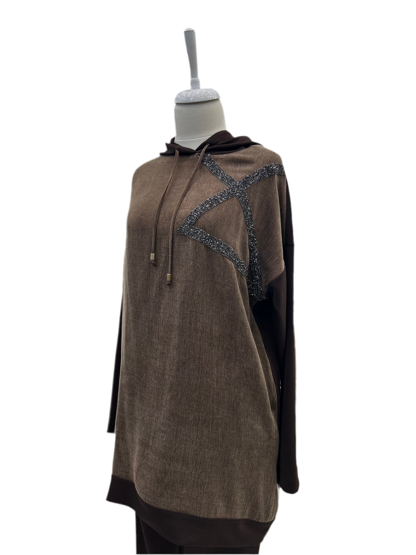 72068 Kapüşonlu Taşlanmış İpek Kumaş Birleşimli Pantolon Takım