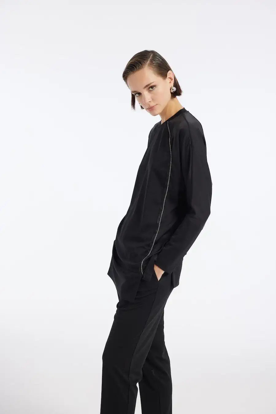 Saten Garnili Çelik Triko Takım Siyah