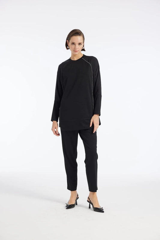 Saten Garnili Çelik Triko Takım Siyah